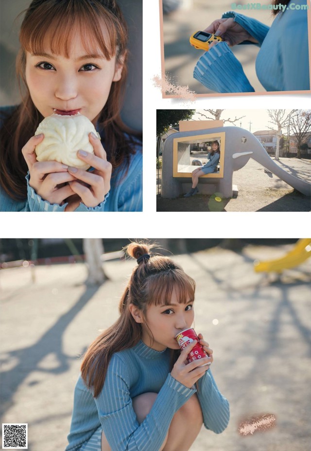 A woman in a blue sweater eating a cup of ice cream.