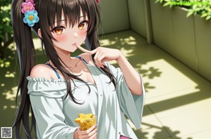 A girl sitting on the floor with long black hair.