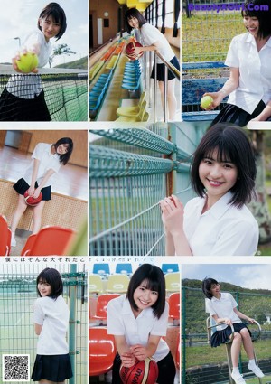 A collage of photos of a young woman holding a tennis ball.