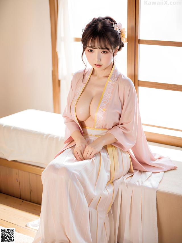 A woman in a pink kimono sitting on a bed.