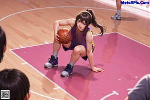 A woman holding a basketball in front of a crowd of people.