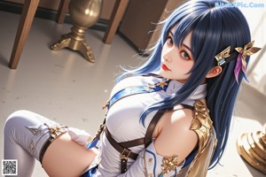 A woman in a blue and black outfit holding a sword.