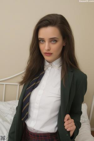 A woman in a school uniform sitting on a bed.
