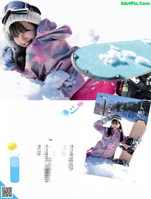 A young girl is snowboarding down a snowy hill.