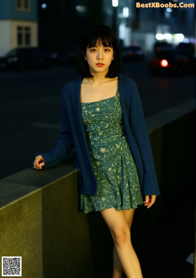 A woman in a green dress and blue cardigan leaning against a wall.