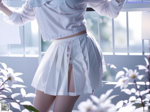 A woman in a white lingerie sitting on a white rug.