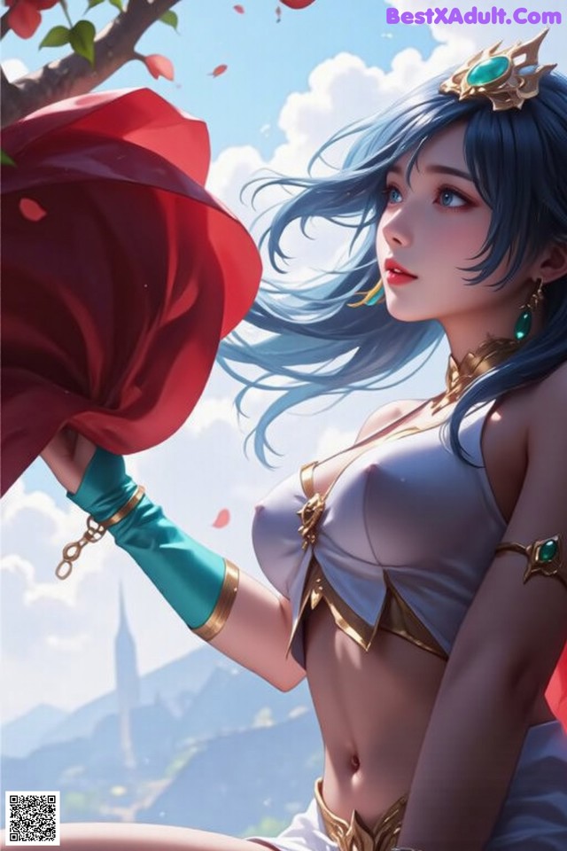 A woman with blue hair holding a red umbrella.