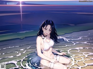 A woman in a blue bikini sitting on a chair.