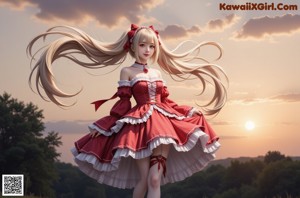 A woman in a red and white dress posing for a picture.