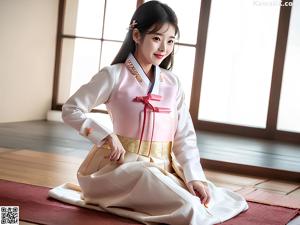 A young girl wearing a pink and white hanbok.