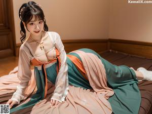 A woman in a pink and white hanbok posing for a picture.