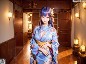 A woman in a blue kimono sitting on a bed.