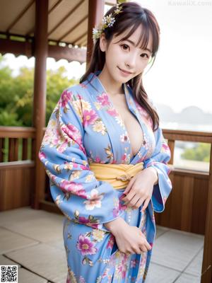 A woman in a kimono sitting on the floor.