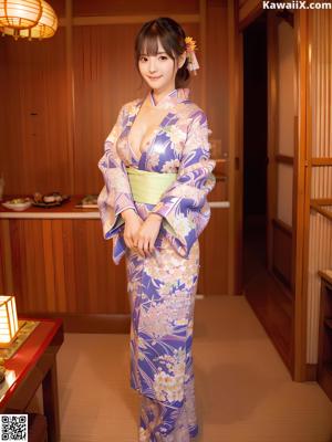 A woman in a blue kimono sitting on a wooden table.