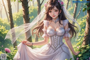 A woman in a wedding dress holding a bouquet of flowers.