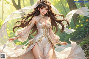 A woman in a wedding dress standing in the woods.
