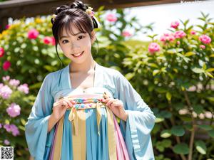 A woman in a blue and white kimono sitting on a bed.