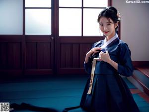 A woman in a pink and blue hanbok poses for a picture.