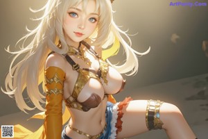 A woman in a yellow and blue outfit with a fox ears headband.