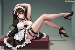 A woman in a maid outfit sitting on a bench.