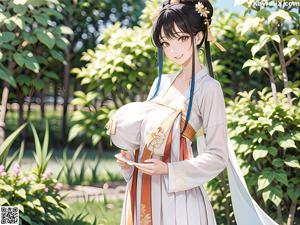 A woman in a white and blue dress standing in a garden.