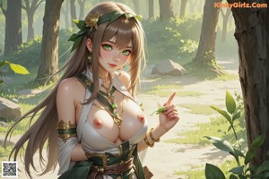 A woman in a bikini holding a sword in a forest.