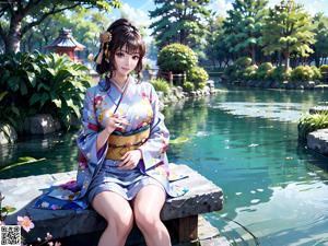 A woman in a purple kimono standing on a beach.