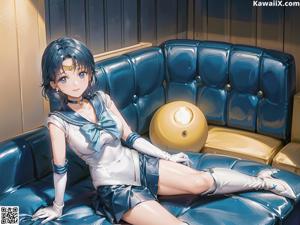 A woman in a sailor outfit sitting on a chair.