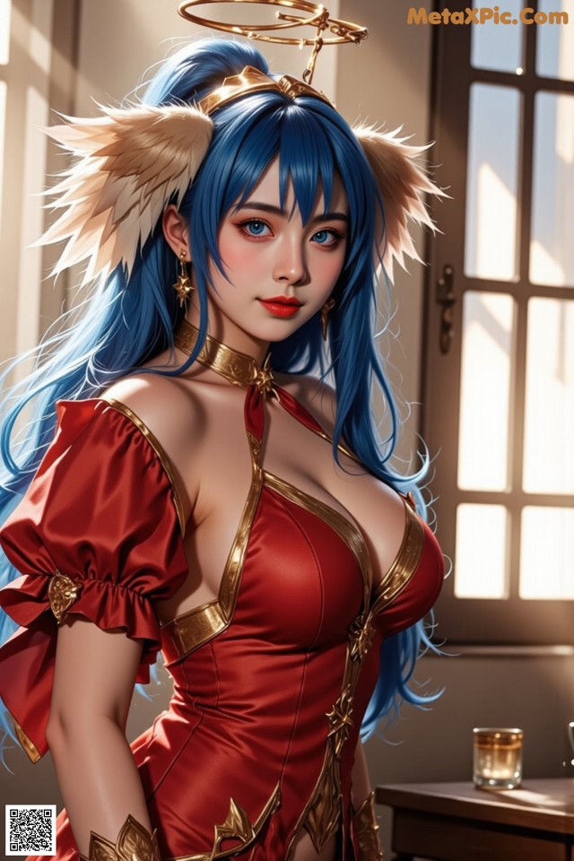 Hentai - Captivating Grace of the Cosmic Maiden Set.1 20250124 Part 16 No.f68294 A woman in a red dress with blue hair and angel wings.