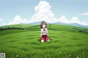 A girl in a school uniform walking through a field of flowers.