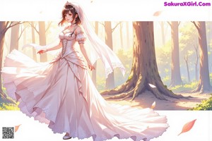 A woman in a wedding dress standing in the woods.