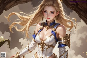 a woman with long blonde hair and blue eyes holding a sword