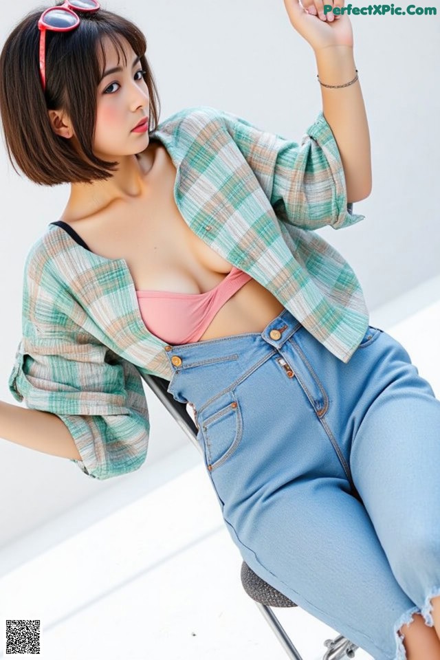 A woman sitting on a chair wearing a plaid shirt and jeans.