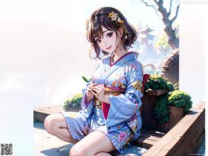 A woman in a kimono sitting on a white bench.