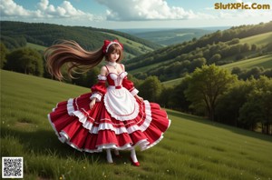 A woman in a black and white dress and red shoes.
