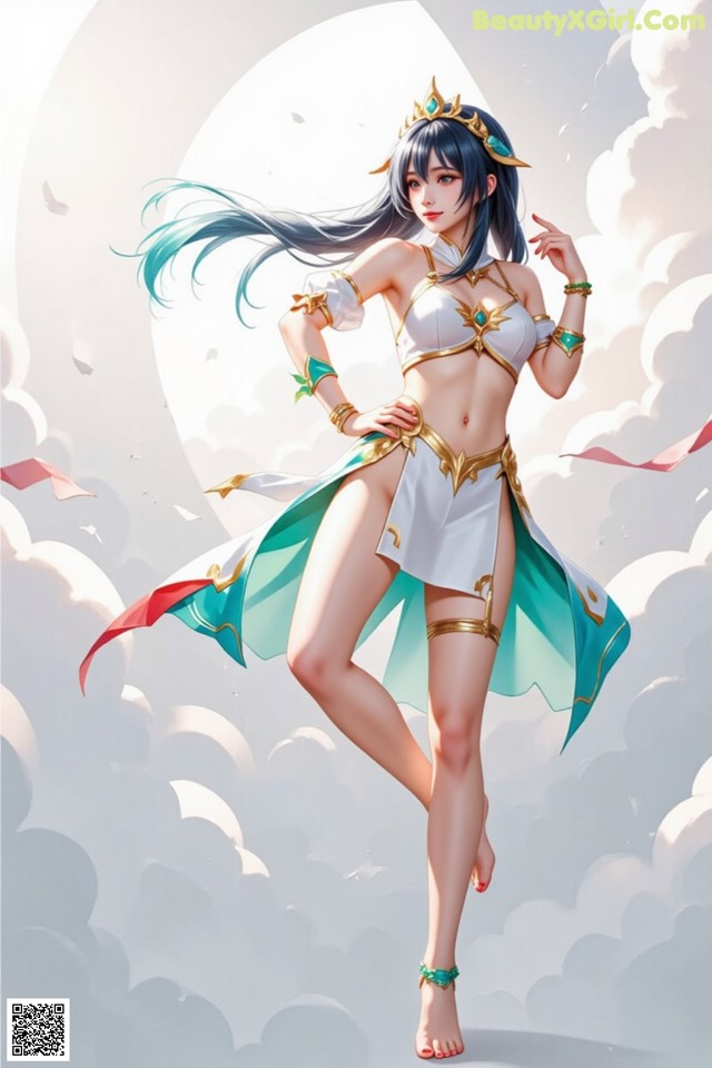 Hentai - Under the Radiance of Celestial Grace Set.2 20250124 Part 7 No.51f9ae A woman in a white and green outfit is standing in the clouds.