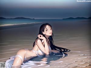 A woman in a white bikini sitting on the edge of a pool.