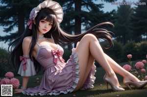A girl in a pink dress sitting on a window sill.