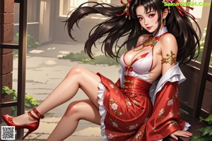 A woman in a red dress sitting on some steps.