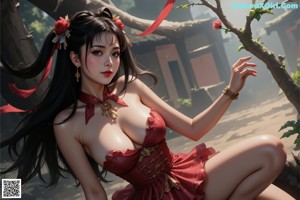 A woman in a red and white outfit with long black hair.