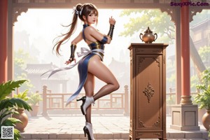 A woman in a blue and black outfit stands on a stone path with traditional architecture in the background.