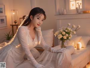 a woman sitting on top of a bed wearing white stockings