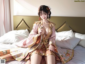 A woman in a blue kimono holding a pink ribbon.