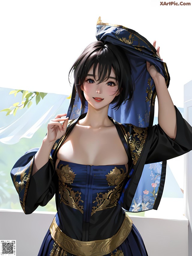 A woman in a blue and gold kimono posing for a picture.