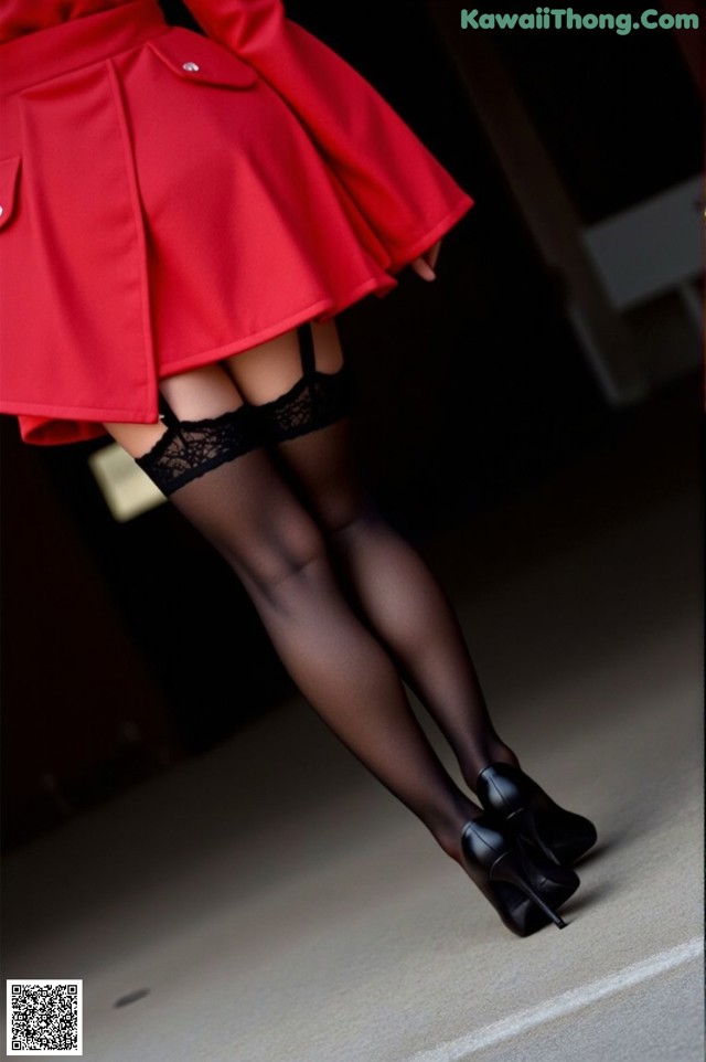 A woman in a red coat and black stockings is posing for a picture.