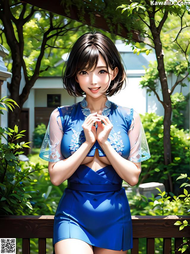 A woman in a blue dress standing on a wooden deck.