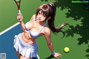 A woman in a white bikini holding a tennis racket.