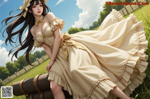 A woman in a dress and hat standing by a window.