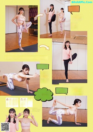 A woman doing yoga poses in a yoga studio.