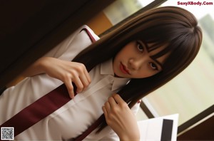 A woman in a school uniform holding a baseball bat.